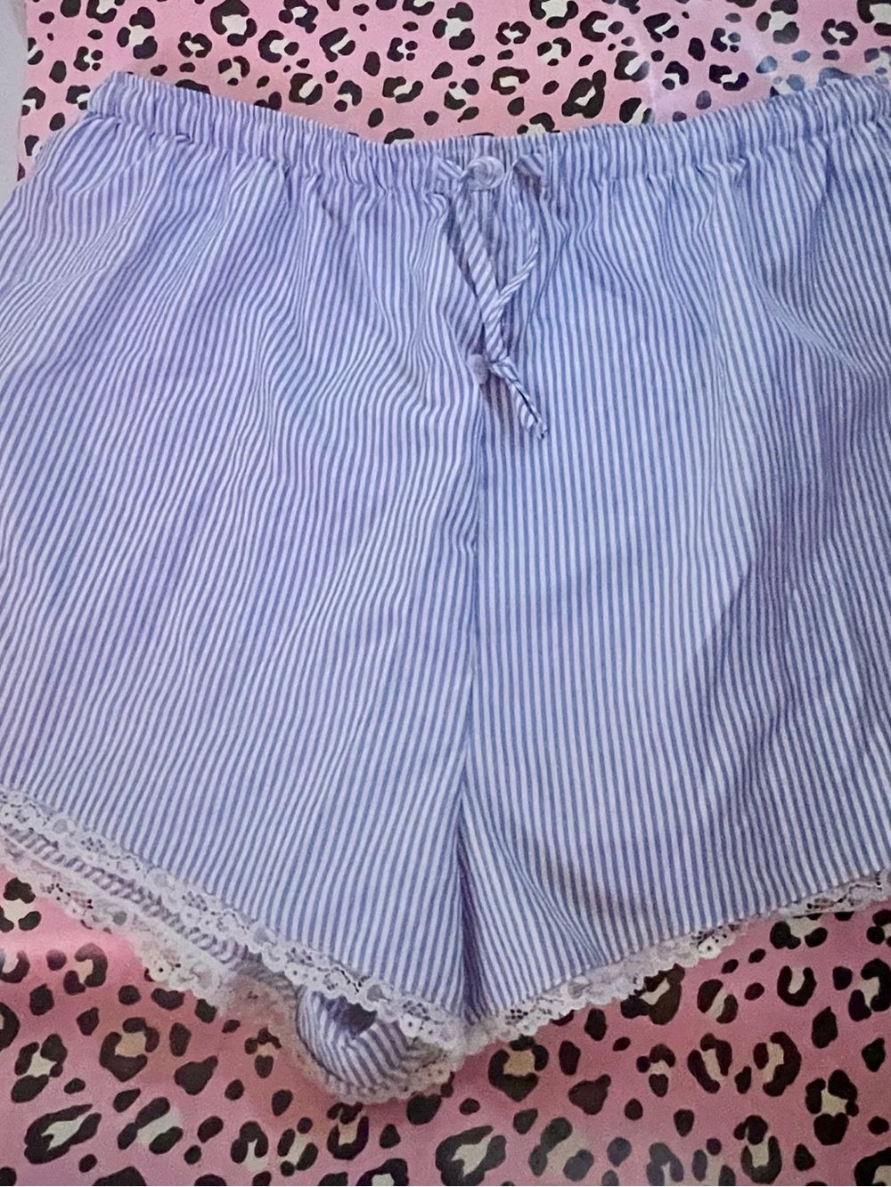 SHEIN Blue and White Striped Yu Lace Trim Shorts